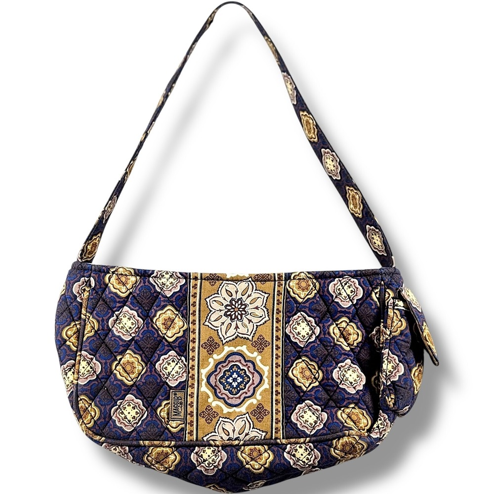 Maggi B Quilted Shoulder Bag Navy Brown Floral Medallion Cloth Handbag Medium